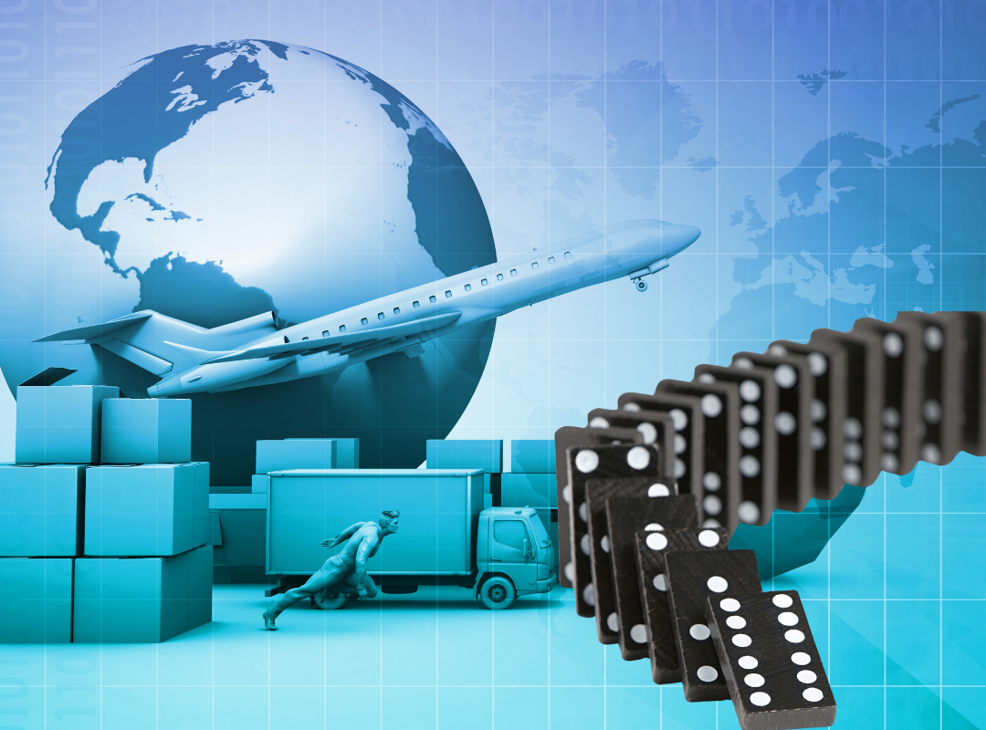 collage of the world, shipping containers, a plane and dominos representing the supply chain