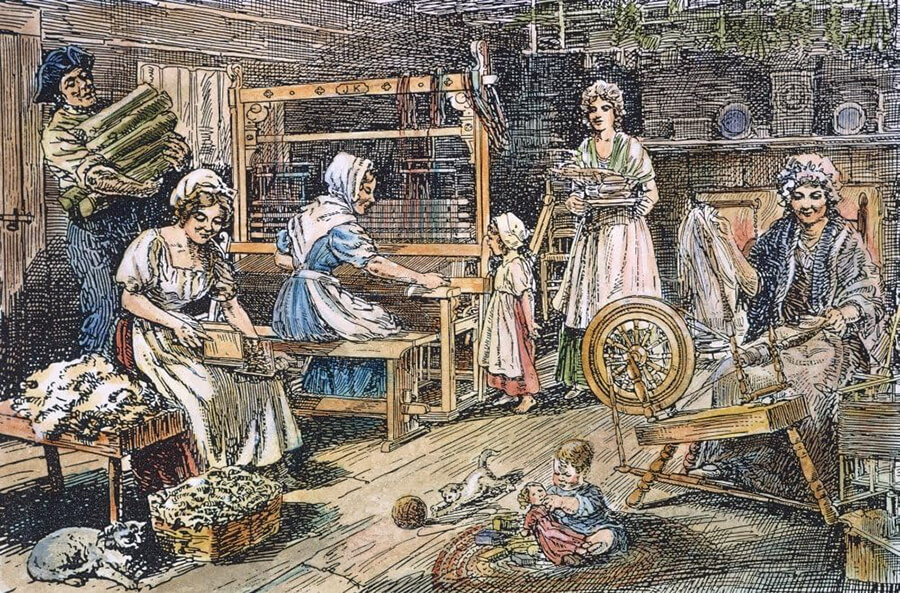 drawing of colonial household working with wool