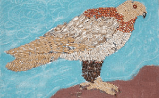 hawk mosaic made of beens and seeds